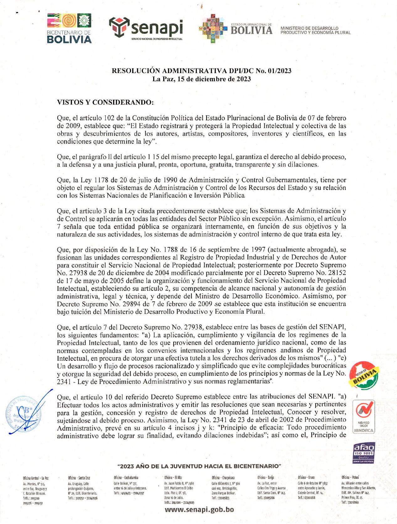 Dejar sin efecto la Resolución Administrativa DPI/DC N° 01/2019