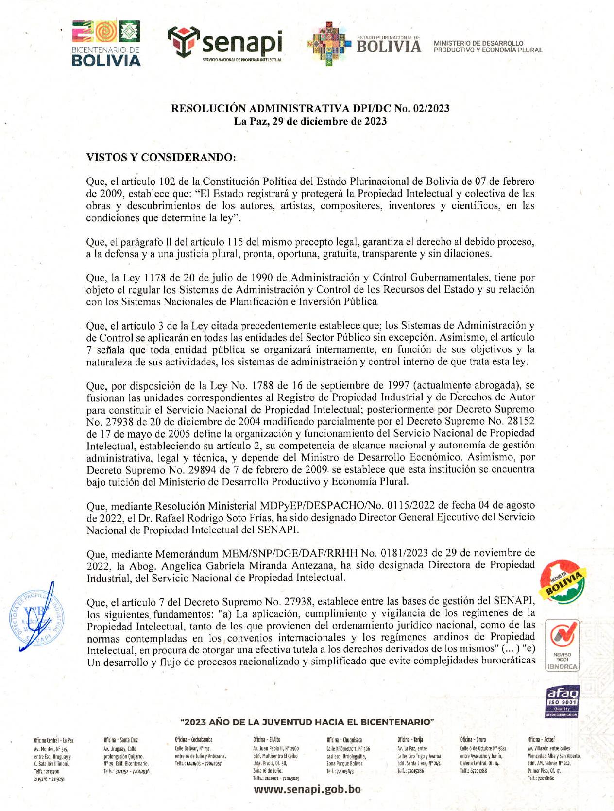 Dejar sin efecto la Resolución Administrativa DPI/DC N° 01/2011